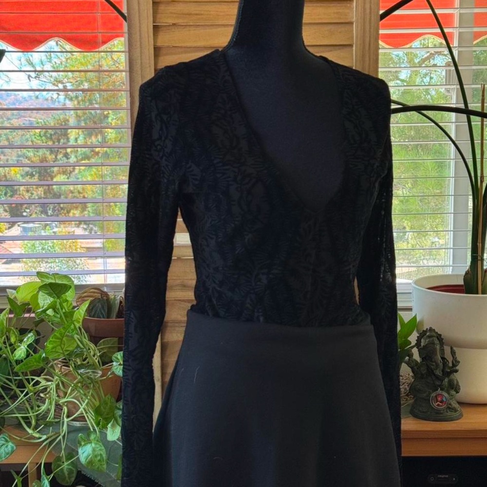 Black velvet mesh long sleeve bodysuit with deep V neckline